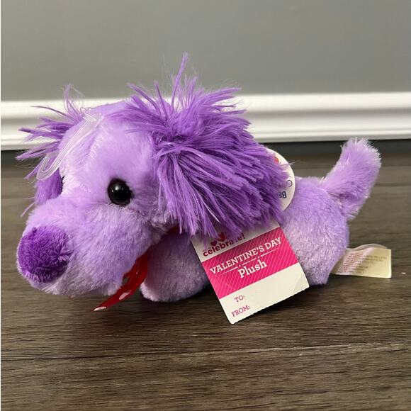 Valentines‎ Purple Puppy Plush w/ Red Hearts Bow With Hang Tag - Picture 1 of 5